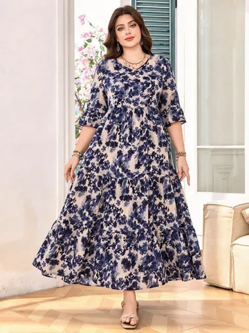 Plus Size Women Summer Floral Print Maxi Dress V Neck Half Sleeve Tiered Casual Long Dresses Elegant Beach Party Wear