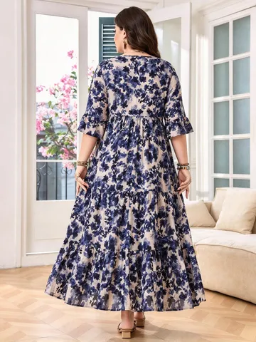 Plus Size Women Summer Floral Print Maxi Dress V Neck Half Sleeve Tiered Casual Long Dresses Elegant Beach Party Wear
