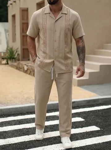 Andriko Casual Set Kontomaniko Poukamiso kai Pantaloni Kalokairi Amerikaniko Styl Typoto Diapneon Top me Lapel kai Straight Pantaloni