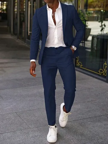 Men Business Formal Suit Set Navy Blue Notch Lapel Single Breasted Jacket And Pants For Banquet Wedding Party Top And Bottom