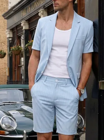Ανδρικό Καλοκαιρινό Business Casual Ριγέ Σετ Κοστούμι Σακάκι Κοντομάνικο και Σορτς