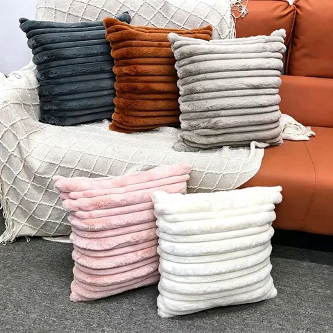 Housse de Coussin Décorative en Peluche Fausse Fourrure de Lapin Uni Rayé Housse de Oreiller Pour Salon Chambre