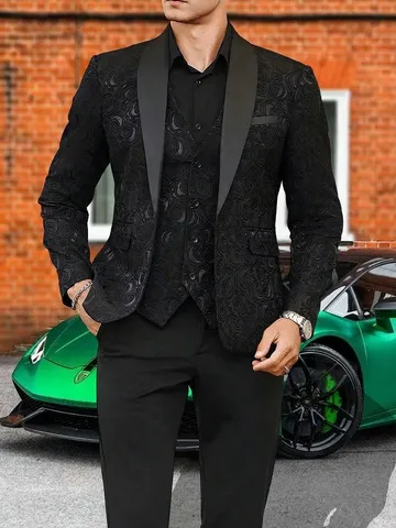 Set Completo da Uomo Elegante Jacquard a Rose Con Collo a Scialle Giacca Smoking Formale Gilet e Pantaloni per Matrimonio Banchetto