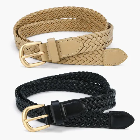 Women's Minimalist Woven PU Leather Belt Casual Fashion Waist Band With Gold Tone Pin Buckle Daily Commute Accessories