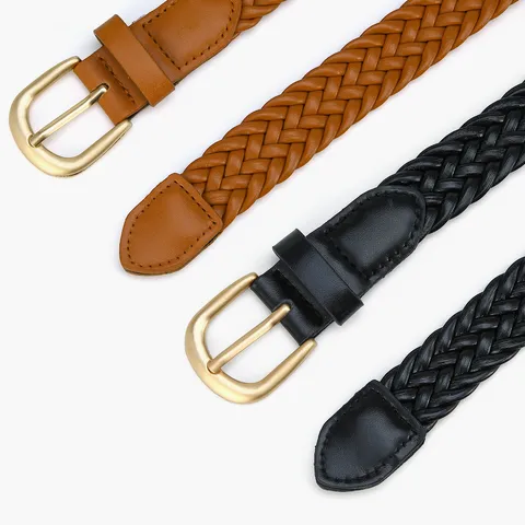 Women's Minimalist Woven PU Leather Belt Casual Fashion Waist Band With Gold Tone Pin Buckle Daily Commute Accessories