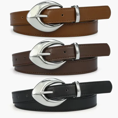 Women Fashion PU Leather Belt Minimalist Moon Metal Pin Buckle Casual Commuting Jeans Decorative Waist Belt
