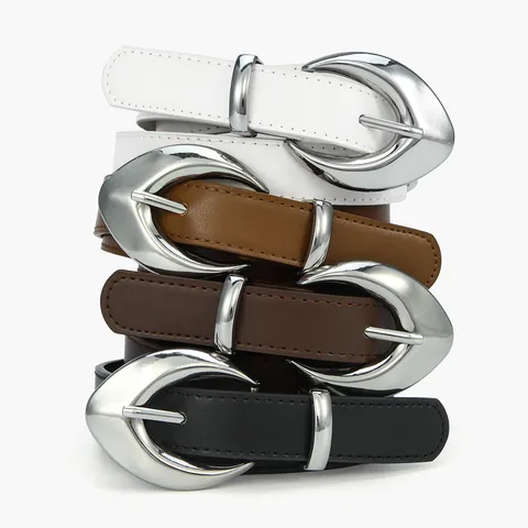 Women Fashion PU Leather Belt Minimalist Moon Metal Pin Buckle Casual Commuting Jeans Decorative Waist Belt