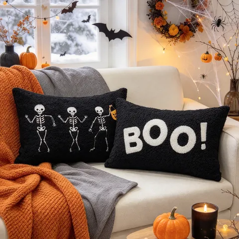 Federa per Cuscino con Ricamo di Zucca e Fantasma di Halloween Federa Nera Decorativa per Divano Autunnale Decorazione per Soggiorno