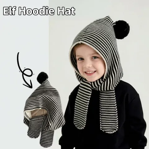 Kids Winter Warm Knit Hat Scarf Integrated Windproof Ear Protection Striped Elf Hat Children Casual Beanie