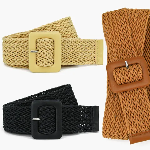 Women Casual Woven Wax Cord Straw Waist Belt Retro Square Pin Buckle Dress Coat Waistband Fashion Accessories