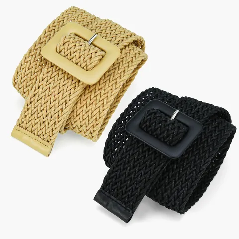 Women Casual Woven Wax Cord Straw Waist Belt Retro Square Pin Buckle Dress Coat Waistband Fashion Accessories