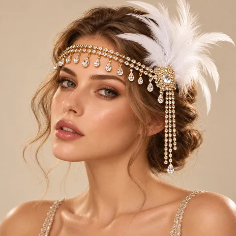 Coiffe à Plumes Great Gatsby 1920s Vintage Bandeau en Strass à Glands Flapper Fête Banquet Accessoires de Cheveux pour Femmes