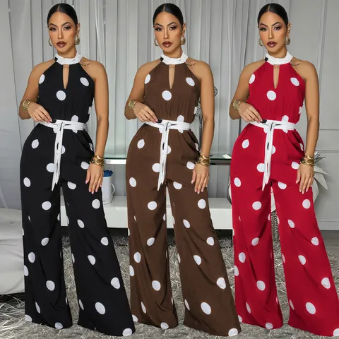 Damen Casual Polka Dot Druck Halter Ärmellos Hohe Taille Weites Bein Lange Jumpsuit Elegante Sommer Outfit