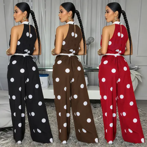 Damen Casual Polka Dot Druck Halter Ärmellos Hohe Taille Weites Bein Lange Jumpsuit Elegante Sommer Outfit