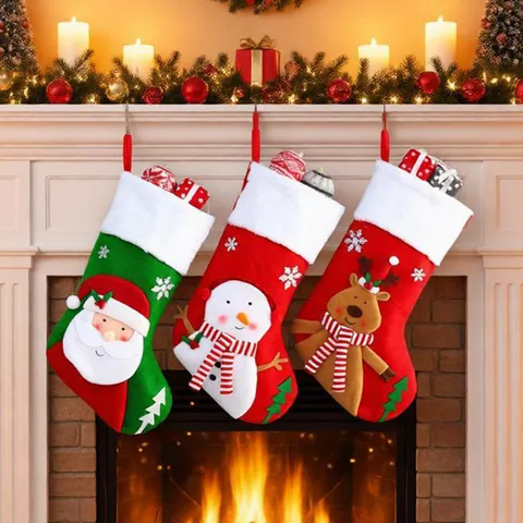 Christmas Stockings Knitted Plush Santa Snowman Reindeer 3D Characters Holiday Fireplace Hanging Decor Xmas Gift Bags