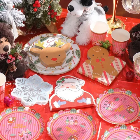 Christmas Party Disposable Tableware Paper Plates Cups Napkins Straws Plastic Cutlery Tablecloth Banner For Holiday Gathering Decoration