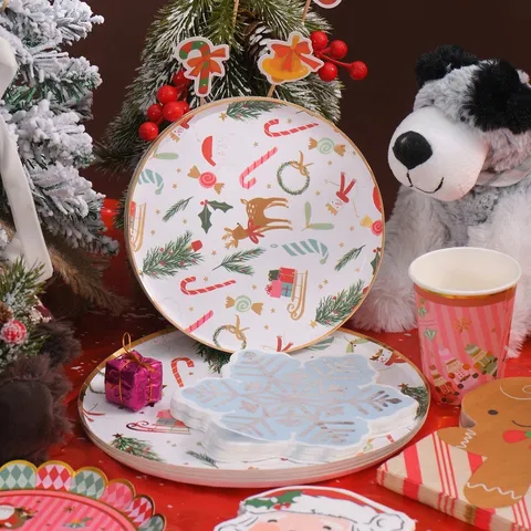 Christmas Party Disposable Tableware Paper Plates Cups Napkins Straws Plastic Cutlery Tablecloth Banner For Holiday Gathering Decoration