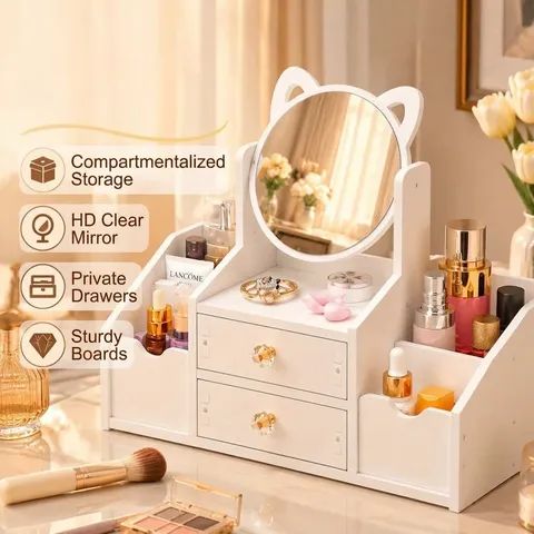 Multifunctional Desktop Makeup Storage Box With Mirror Cat Ear Drawer Cosmetic Organizer PVC Wood Plastic Board Vanity Case For Dormitory