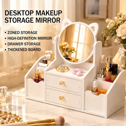 Multifunctional Desktop Makeup Storage Box With Mirror Cat Ear Drawer Cosmetic Organizer PVC Wood Plastic Board Vanity Case For Dormitory