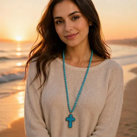 Bohemian Turquoise Beaded Cross Pendant Necklace For Women Retro Handmade Stone Religious Prayer Long Sweater Chain Jewelry