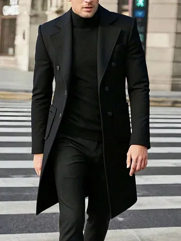 Men's Double Breasted Notched Lapel Wool-Look Overcoat Regular Fit Mid-Length Polyester Trench Coat For Autumn Winter