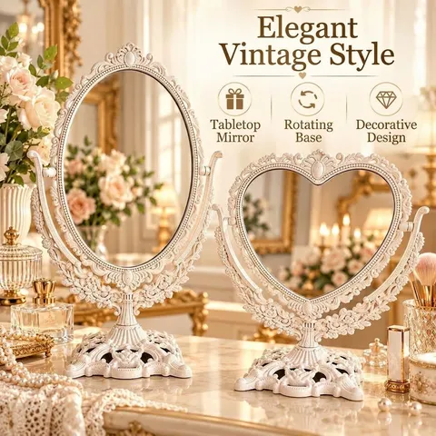 European Vintage Desktop Makeup Mirror Wheat Straw Carved Floral Relief Double Sided 360 Degree Rotating Princess Mirror