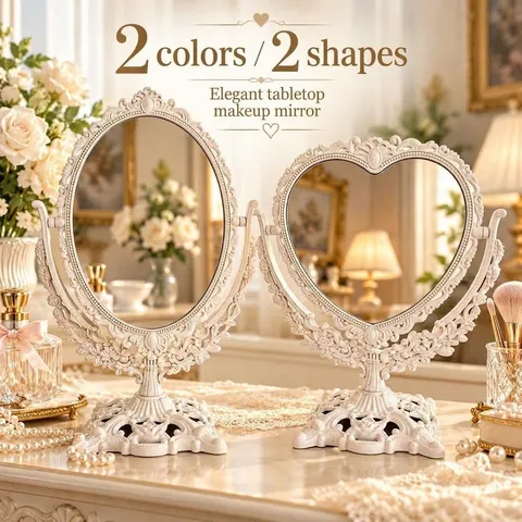 European Vintage Desktop Makeup Mirror Wheat Straw Carved Floral Relief Double Sided 360 Degree Rotating Princess Mirror