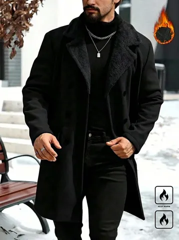 Men Winter Double Breasted Woolen Overcoat Fleece Lined Warm Lapel Long Peacoat For Cold Weather Fashion Outerwear Jacket