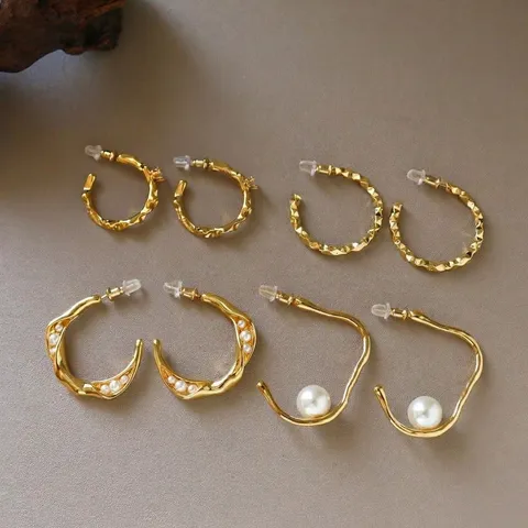 Pendientes de Aro en Forma de C con Perla y Circonia Poste de Plata de Ley 925 Aleación Perla Artificial Circonia Elegantes Joyas