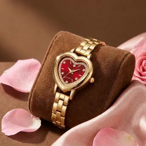 Damen Quarz Uhr Herzförmiges Zifferblatt Rheinstein Legierung Kette Analog Mode Elegante Armbanduhr Für Frauen
