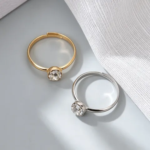 Minimalist Metal Open Ring For Women Adjustable Fashion Jewelry Finger Ring With Round Rhinestone Daily Wear Gift