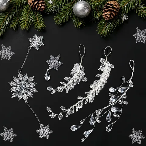 Transparent Acrylic Snowflake Icicle Pearl Pendant Christmas Tree Hanging Ornament Holiday Party Home Decoration