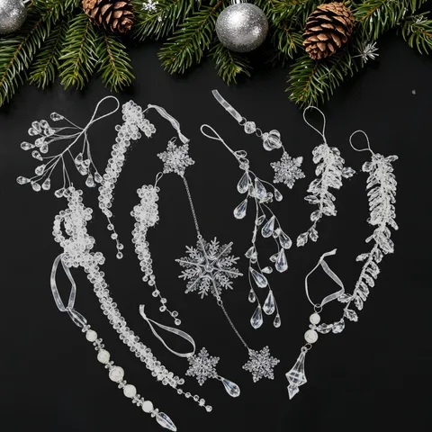 Transparent Acrylic Snowflake Icicle Pearl Pendant Christmas Tree Hanging Ornament Holiday Party Home Decoration