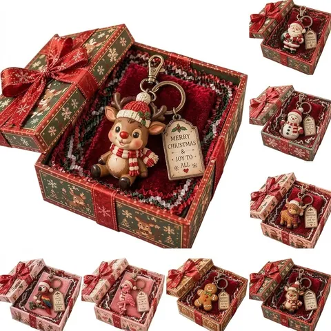 Boîte Cadeau Porte-clés Personnage de Noël Mignon Résine Renne Père Noël Bonhomme de Neige Homme en Pain d'Épices Décoration de Fête