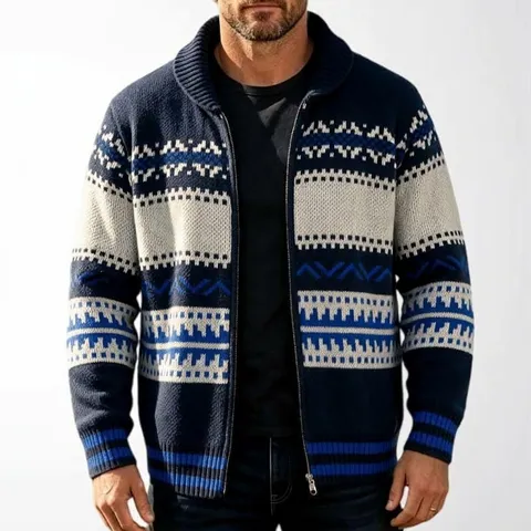 Vintage Ethnic Jacquard Men's Knit Cardigan Sweater Winter Thick Full Zip Shawl Collar Geometric Pattern Soft Knitted Top