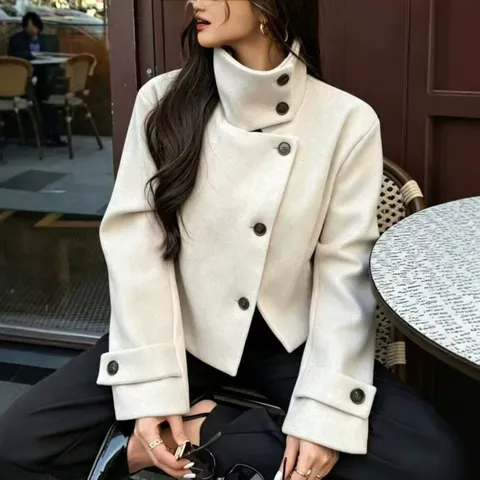 Women's Short Woolen Jacket Stand Collar Solid Color Multi Button Loose Fit Commute Autumn Winter Outerwear Jacket For Ladies
