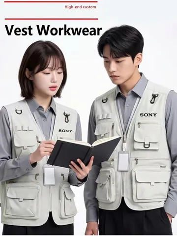 Men Outdoor Workwear Vest Polyester Multi Pocket Utility Waistcoat V Neck Zipper Fishing Photography Vest Casual Gilet Top