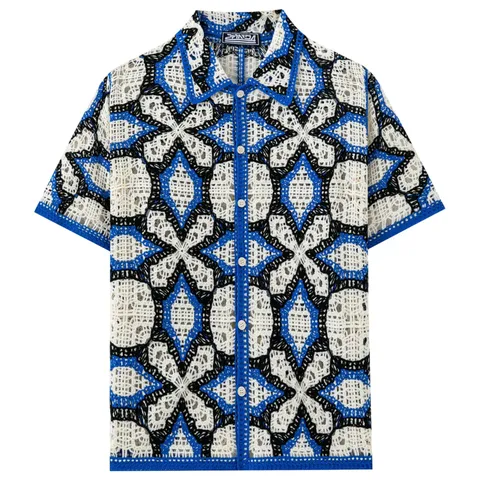 Polo da Uomo in Maglia Jacquard Geometrica Manica Corta Top Casual Traforato con Bottoni per Vacanze Estive Abbigliamento Uomo