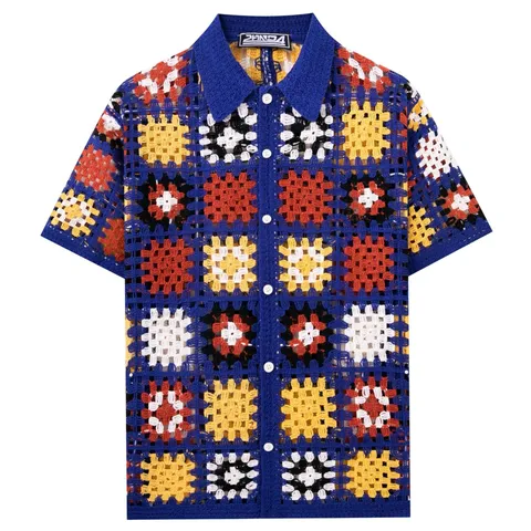 Men's Summer Crochet Hollow Out Knit Polo Shirt Vintage Granny Square Short Sleeve Button Down Cardigan Navy Blue Casual Top