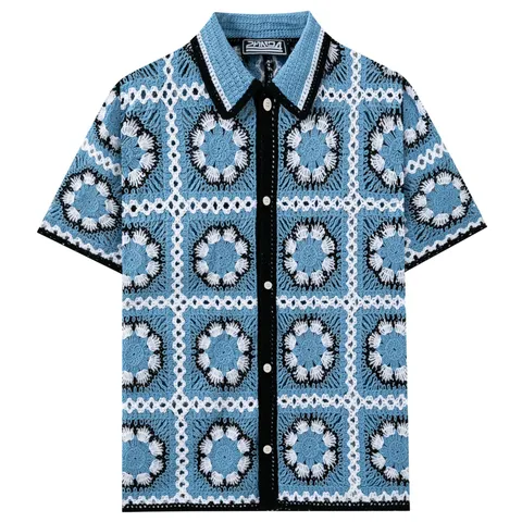 Men Crochet Hollow Out Knit Polo Shirt Short Sleeve Plaid Floral Pattern Cardigan Breathable Casual Summer Top