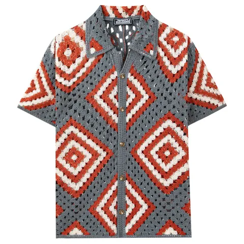 New Men Hollow Out Crochet Short Sleeve Knit Shirt Casual Button Down Jacquard Polo Shirt Argyle Retro Vacation Top