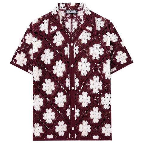 Men Vintage Old Money Style Hollow Out Knit Polo Shirt Jacquard Floral Short Sleeve Cardigan Button Up Top