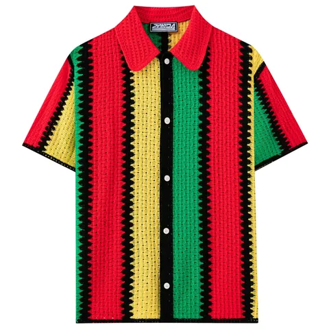 Men's Acrylic Crochet Hollow Out Knit Polo Shirt Contrast Vertical Striped Short Sleeve Button Down Top Resort Streetwear
