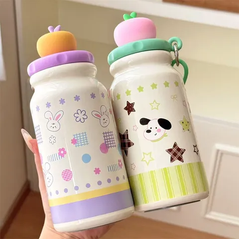 Thermos in Acciaio Inossidabile 316 a Cartone Animato Bottiglia d'Acqua Portatile Con Cannuccia Tazza Termica Carina da 500ml