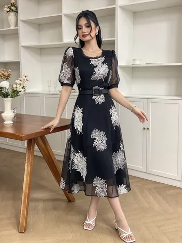 Damen Elegant Netz Bestickt Rundhalsausschnitt Blase Kurarm Gürtel A-Linie Maxi Kleid Lässig Langkleid
