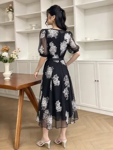 Damen Elegant Netz Bestickt Rundhalsausschnitt Blase Kurarm Gürtel A-Linie Maxi Kleid Lässig Langkleid