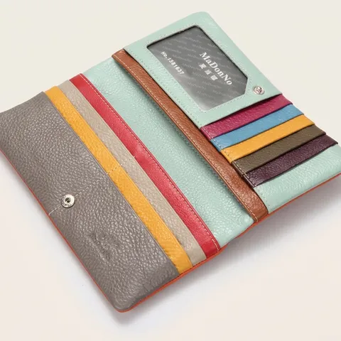 Genuine Top Layer Cowhide Leather Women Long Wallet Pebbled Litchi Pattern Zipper Clutch Purse Money Organizer Handbag