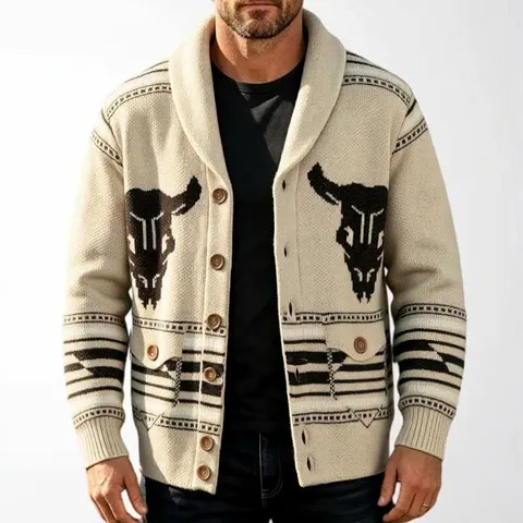 Men's Western Retro Bull Head Jacquard Knit Cardigan Shawl Collar Button Down Long Sleeve Sweater Top Vintage Outerwear