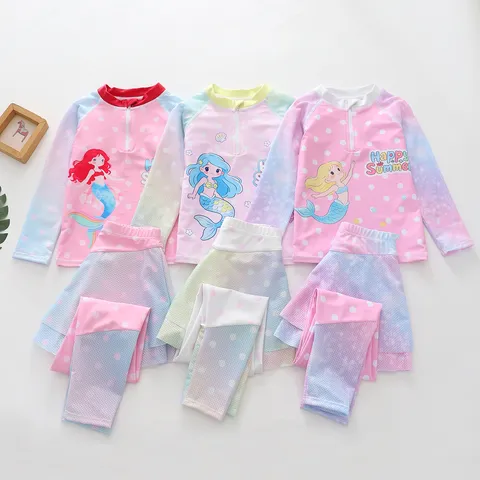 Girls Mermaid Swimsuit With Short Sleeve Top And Shorts And Cap Cute Cartoon Sun Protection Split Swimwear For Kids Toddler