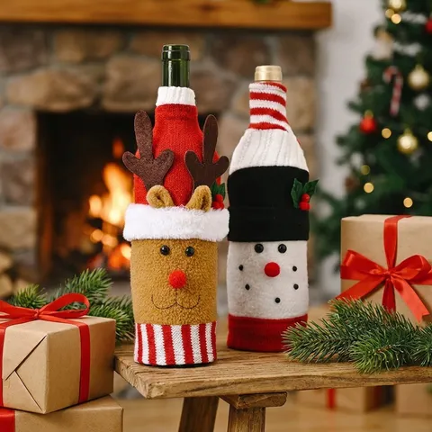 Christmas Knitted Wine Bottle Cover Santa Claus Snowman Patterns For Holiday Dining Table Party Decorations